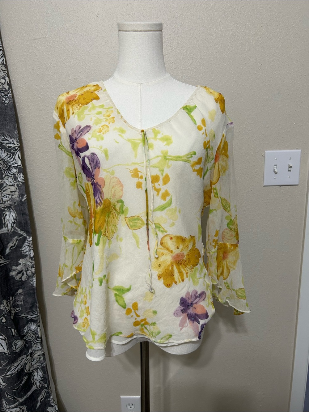 Anne Carson Cream Sheer Floral Blouse with Yellow and Purple Accents